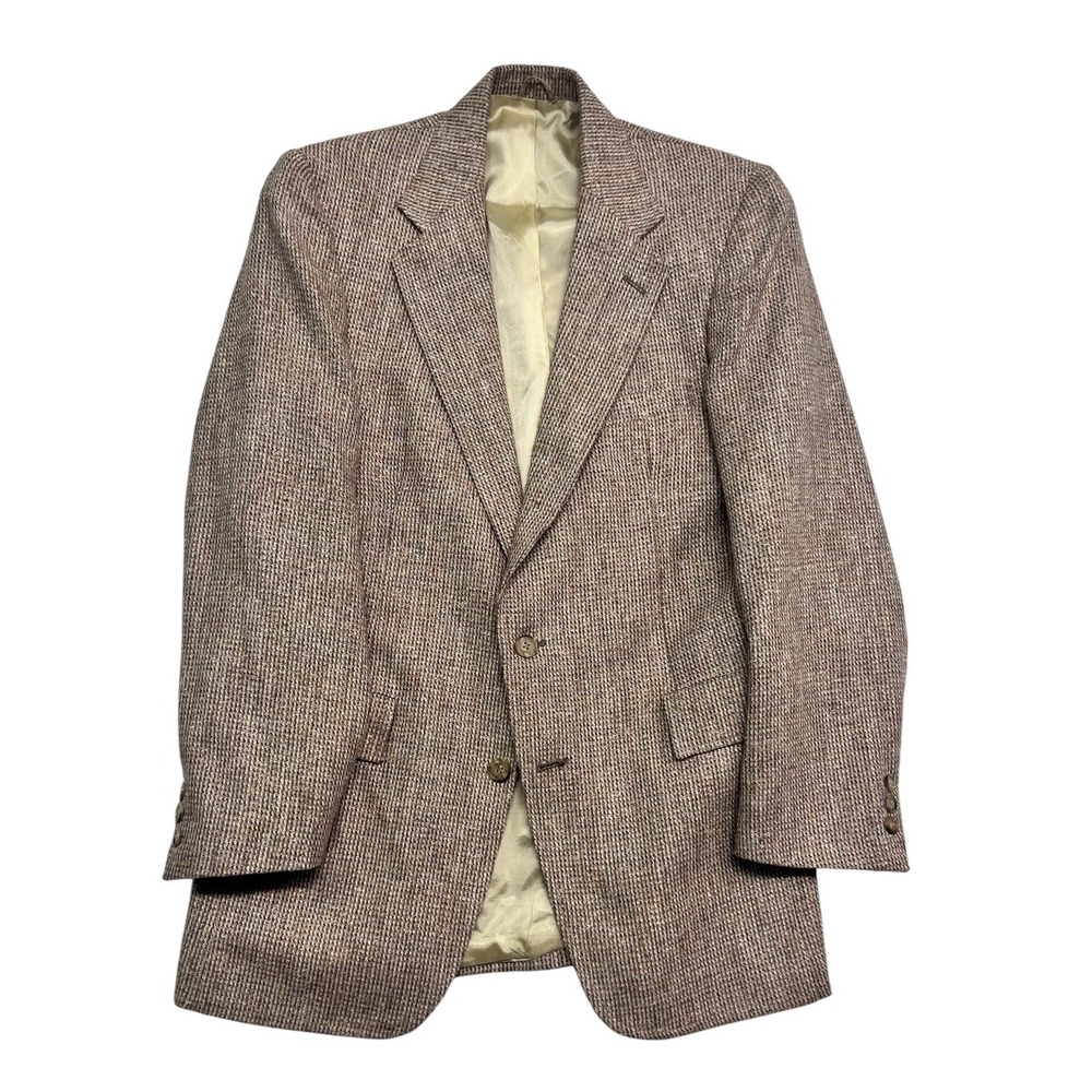 vtg 80s David Hunter 38S Tan Tweed Blazer Jacket Sport Suit Coat Micro Check
